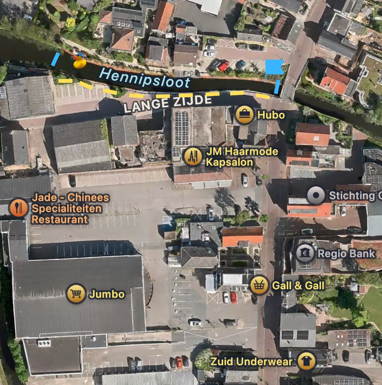 Plattegrond van de Badeendrace Zevenhuizen: route door de Hennipsloot langs de Lange Zijde, finish bij Hubo